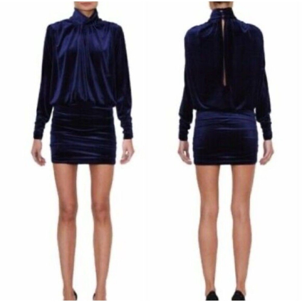 RONNY KOBO Brandy Velvet Mini Dress M/L Navy Turtleneck Ruched Long Sleeve